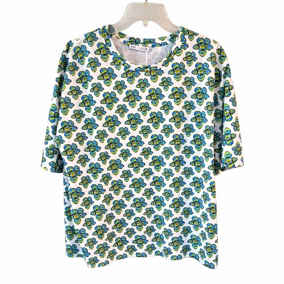 Zara Tops - Zara White Floral Tee with Blue & Green Blooms